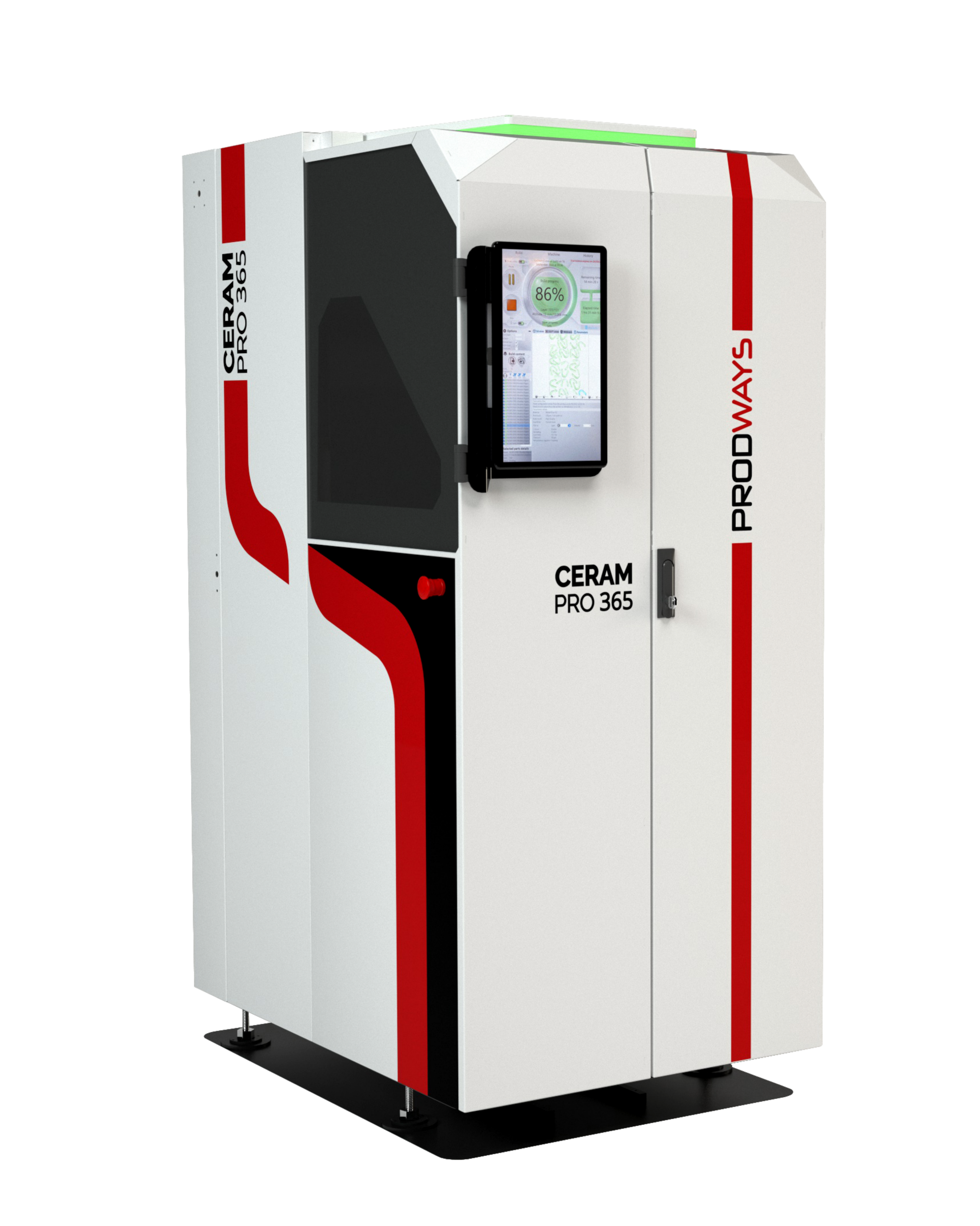 ceram_pro_365_prodways_printers (1) A three-quarter view of the Prodways Ceram Pro 365, a large industrial 3D printer featuring a white cabinet with red and black accents, an integrated touchscreen interface, and a viewing window.