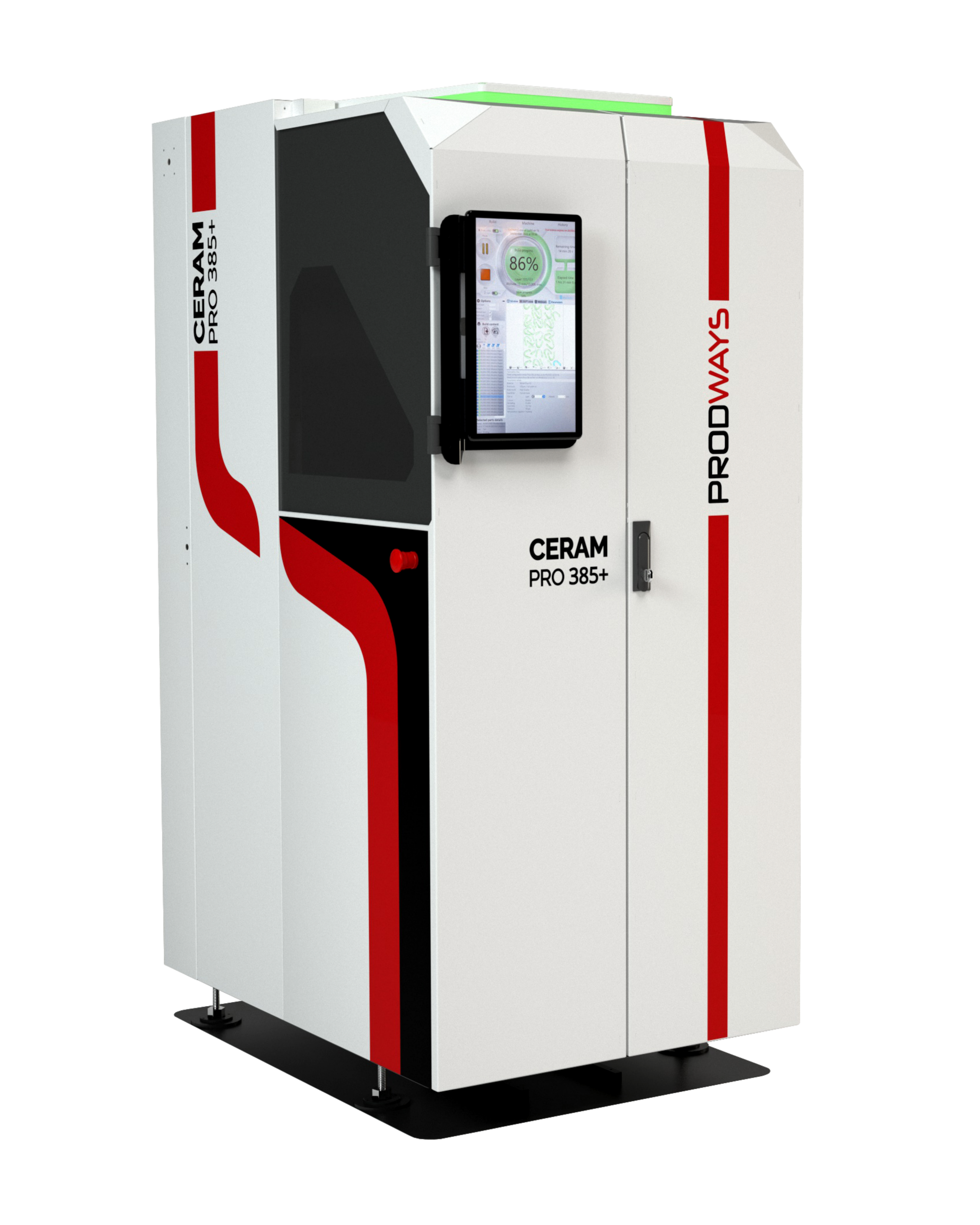 ceram_pro_385+_prodways_printers A three-quarter view of the Prodways Ceram Pro 385 industrial 3D printer, featuring a white cabinet with vertical red and black stripes, a large integrated touchscreen, and a side viewing window against a black background.