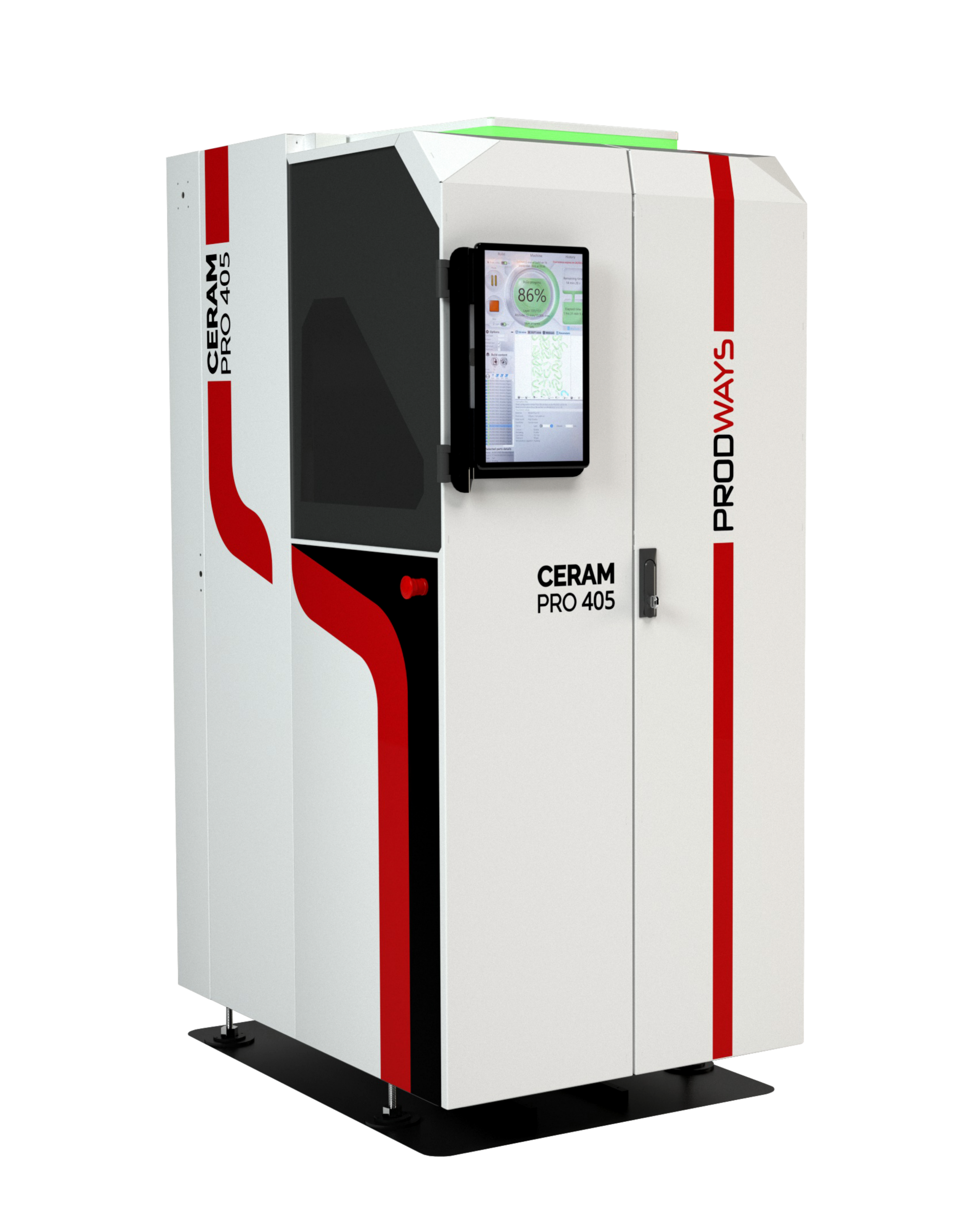 ceram_pro_405_prodways_printers An industrial Prodways Ceram Pro 385 3D printer for ceramics, featuring a white cabinet with red and black accents, an integrated vertical touchscreen, and a dark side viewing window.
