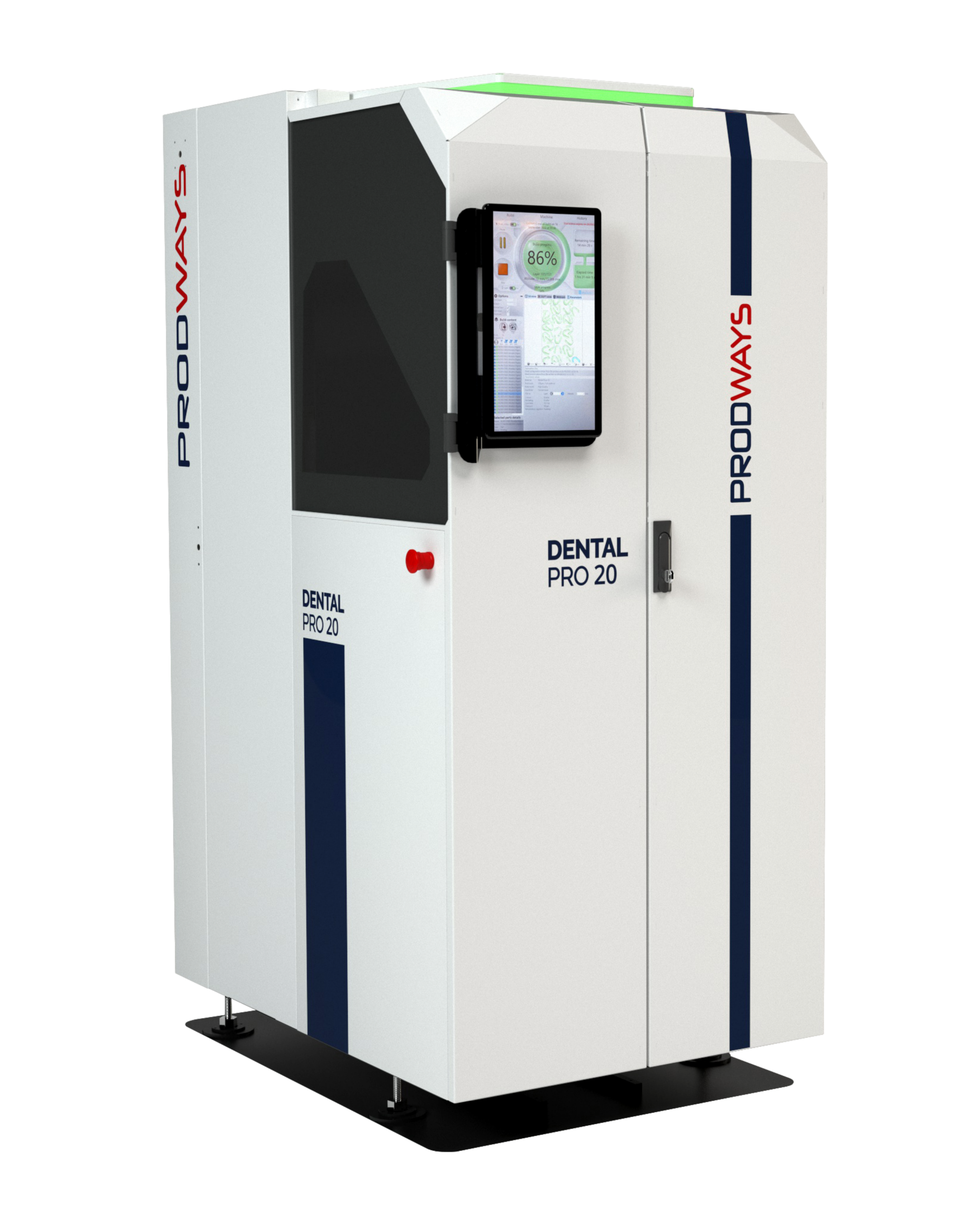 dental_pro_20_prodways_printers Design: A large, floor-standing cabinet with a clean white finish, accented by vertical navy blue stripes and the "Prodways" and "Dental Pro 20" branding. Interface: A tablet-style touchscreen is mounted on the front, currently displaying a print progress of 86%. Structure: It features a large viewing window on the left side and a dual-door front access system. Safety & Stability: A prominent red emergency stop button is visible on the front, and the entire unit sits on adjustable leveling feet.