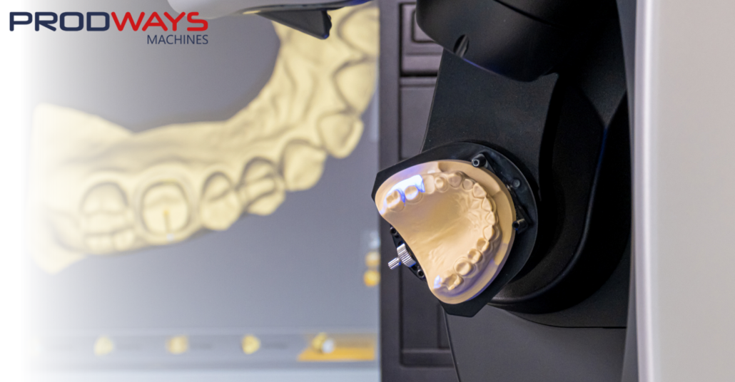 A computer screen showing the detailed digital design of a dental model using CAD software, illustrating the 3D conception phase in dental production.