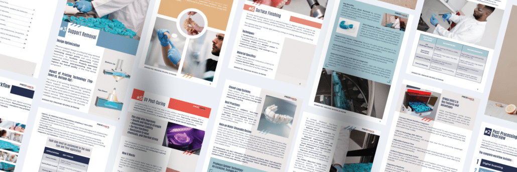 Preview of all pages from the “Advanced Post Process for Dental 3D Printing” e-book by Prodways, showing the cover and detailed content layout.