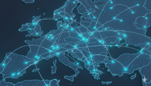 Illustration numérique 3D d’une carte de l’Europe montrant un réseau de points lumineux interconnectés par des lignes courbes, symbolisant la connectivité ou l’échange de données.