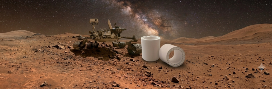 Mars rover exploring the red planet surface next to two white industrial precision components under a starry night sky.
