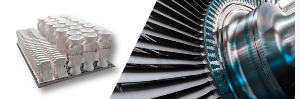 Comparison of 3D-printed ceramic parts on a build plate and a close-up of metallic industrial turbine blades.